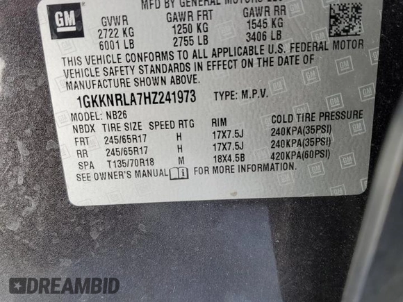 2017 GMC Acadia SLE with VIN 1GKKNRLA7HZ241973, listed as a Copart auction lot 45945635 with 190,575 mi miles and Clean title. Bid and sale history available at DreamBid. Image 13.