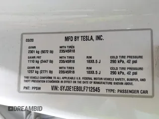 2020 Tesla Model 3 Long Range z VIN 5YJ3E1EB0LF712545, wystawiony jako IAAI lot #42198461 z przebiegiem 22 322 mil mil oraz . Historia ofert i sprzedaży dostępna na DreamBid. Obrazek 9.