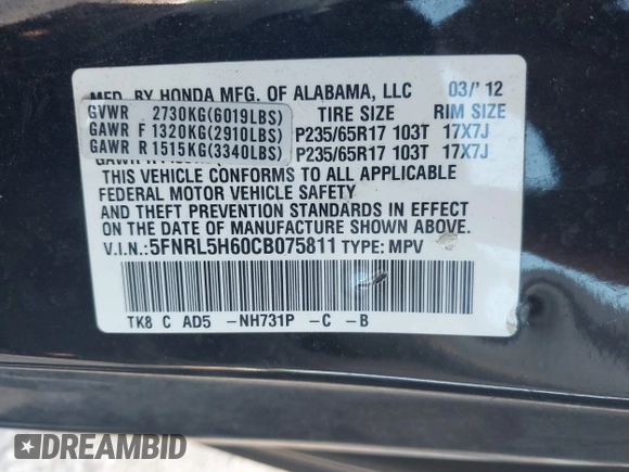 2012 Honda Odyssey EX-L with VIN 5FNRL5H60CB075811, listed as a IAAI auction lot 42518159 with 243,186 mi miles and . Bid and sale history available at DreamBid. Image 9.