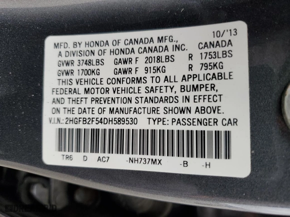 2013 Honda Civic Sdn LX with VIN 2HGFB2F54DH589530, listed as a Copart auction lot 51663785 with 147,786 mi miles and Salvage Title. Bid and sale history available at carsss.com. Image 12.