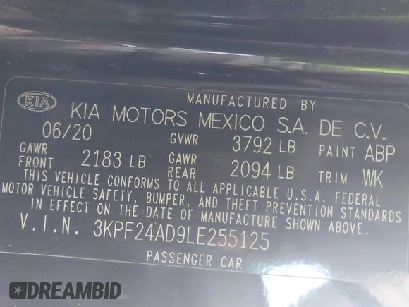 2020 Kia Forte LXS with VIN 3KPF24AD9LE255125, listed as a IAAI auction lot 41939300 with 53,569 mi miles. Bid and sale history available at carsss.com. Image 9.