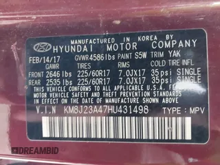 2017 Hyundai Tucson SE z VIN KM8J23A47HU431498, wystawiony jako IAAI lot #42425577 z przebiegiem 83 014 mil mil oraz . Historia ofert i sprzedaży dostępna na DreamBid. Obrazek 9.