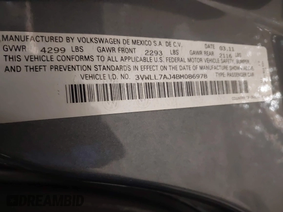 2011 Volkswagen Jetta TDI with VIN 3VWLL7AJ4BM086978, listed as a IAAI auction lot 41981137 with 171,191 mi miles and . Bid and sale history available at DreamBid. Image 8.