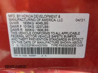 2021 Acura ILX w/Premium/A-SPEC Package with VIN 19UDE2F86MA007659, listed as a Copart auction lot 53266515 with 41,157 mi miles and Salvage Title. Bid and sale history available at carsss.com. Image 13.