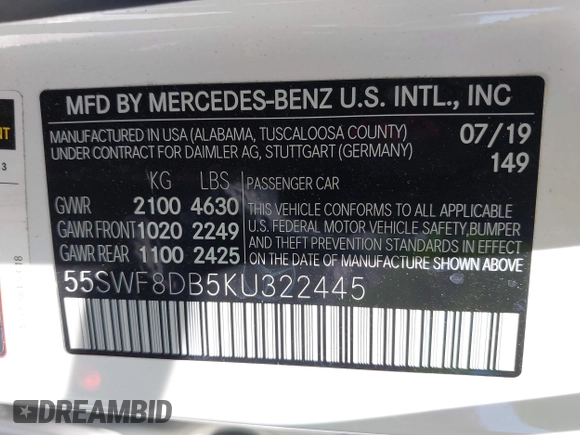 2019 Mercedes-Benz C 300 с VIN 55SWF8DB5KU322445, выставлен на аукционе IAAI как лот 42403051 с пробегом 43 465 миль миль и . История ставок и продаж доступна на DreamBid. Изображение 9.