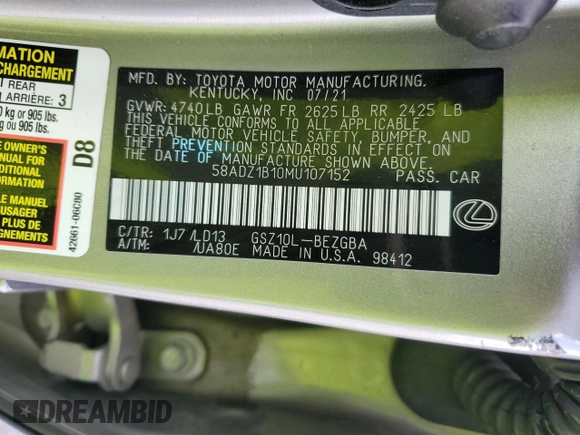 2021 Lexus ES with VIN 58ADZ1B10MU107152, listed as a Copart auction lot 48235555 with 39,221 mi miles and Salvage Title. Bid and sale history available at carsss.com. Image 12.