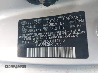 2013 Hyundai Veloster Turbo with VIN KMHTC6AE5DU112756, listed as a IAAI auction lot 42854505 with 99,015 mi miles and . Bid and sale history available at DreamBid. Image 9.