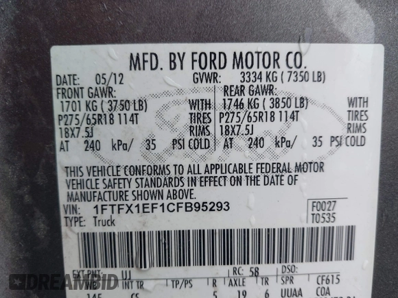 2012 Ford F-150 XL with VIN 1FTFX1EF1CFB95293, listed as a IAAI auction lot 41591392 with 132,324 mi miles. Bid and sale history available at carsss.com. Image 9.