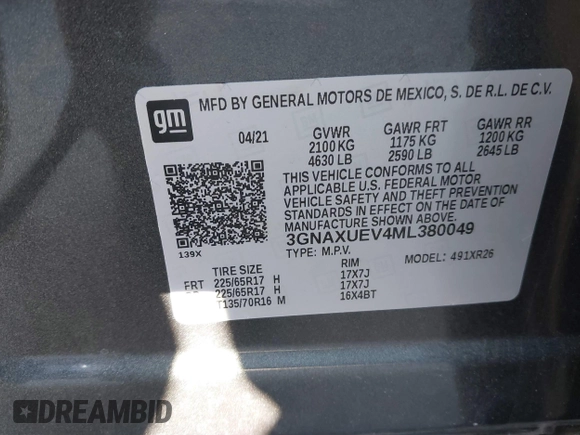 2021 Chevrolet Equinox LT with VIN 3GNAXUEV4ML380049, listed as a IAAI auction lot 41512649 with 64,054 mi miles and . Bid and sale history available at DreamBid. Image 9.