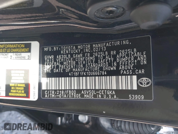 2013 Toyota Camry L with VIN 4T1BF1FK1DU666784, listed as a IAAI auction lot 41869487 with 99,396 mi miles. Bid and sale history available at carsss.com. Image 9.