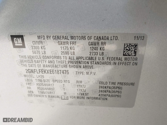 2014 Chevrolet Equinox LT with VIN 2GNFLFEKXE6187476, listed as a IAAI auction lot 40986553 with 84,685 mi miles. Bid and sale history available at carsss.com. Image 9.