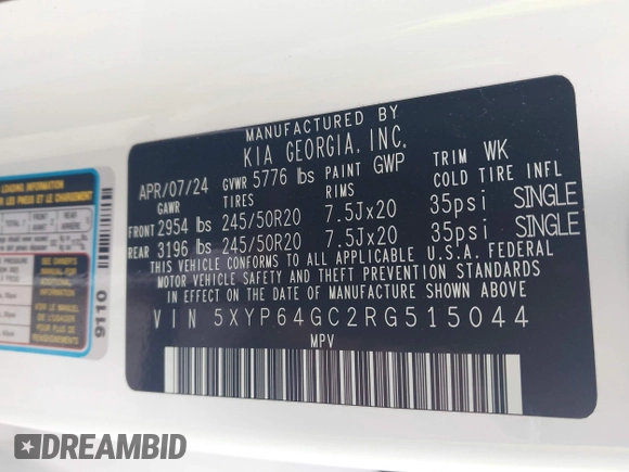 2024 Kia Telluride S with VIN 5XYP64GC2RG515044, listed as a IAAI auction lot 42345367 with 7,981 mi miles and . Bid and sale history available at DreamBid. Image 9.