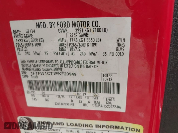 2014 Ford F-150 XL z VIN 1FTFW1CT1EKF20949, wystawiony jako IAAI lot #42344583 z przebiegiem 218 122 mil mil oraz . Historia ofert i sprzedaży dostępna na DreamBid. Obrazek 9.