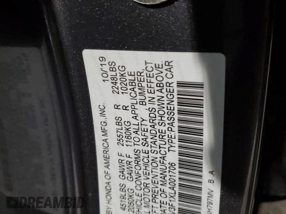 2020 Honda Accord with VIN 1HGCV3F1XLA001706, listed as a Copart auction lot 43339105 with 83,017 mi miles and Salvage Title. Bid and sale history available at DreamBid. Image 12.