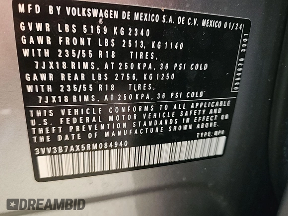 2024 Volkswagen Tiguan SE with VIN 3VV3B7AX5RM084940, listed as a IAAI auction lot 42731231 with 19,747 mi miles and . Bid and sale history available at DreamBid. Image 26.