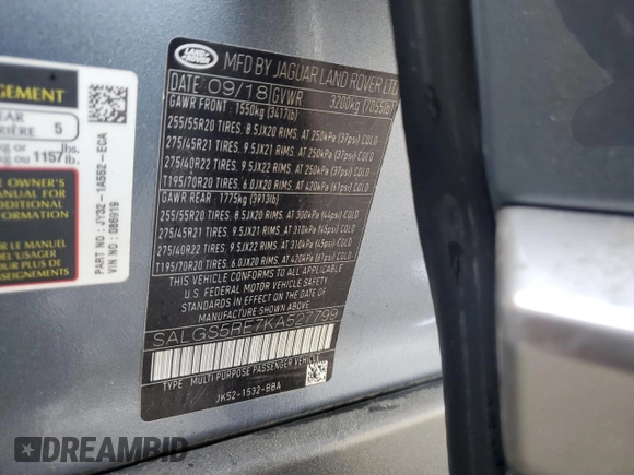 2019 Land Rover Range Rover с VIN SALGS5RE7KA527799, выставлен на аукционе Copart как лот 83601324 с пробегом 38 231 миль миль и Списание • Salvage title. История ставок и продаж доступна на DreamBid. Изображение 14.