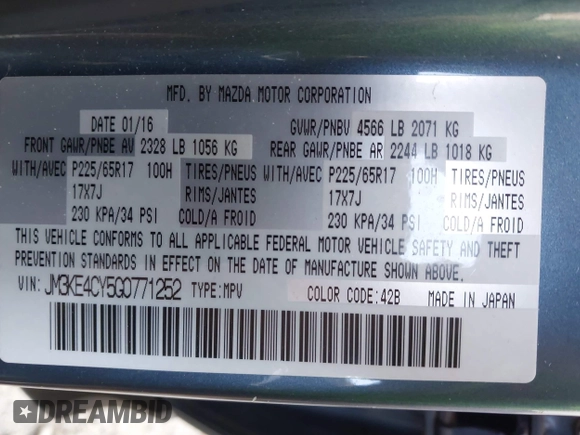2016 Mazda CX-5 Touring with VIN JM3KE4CY5G0771252, listed as a IAAI auction lot 42138637 with 106,767 mi miles and . Bid and sale history available at carsss.com. Image 9.