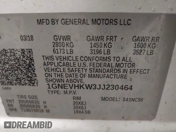 2018 Chevrolet Traverse LT Leather with VIN 1GNEVHKW3JJ230464, listed as a IAAI auction lot 41184358 with 132,189 mi miles. Bid and sale history available at carsss.com. Image 9.