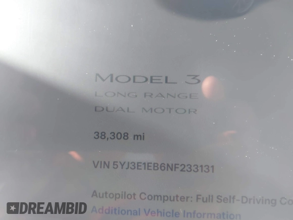 2022 Tesla Model 3 Long Range with VIN 5YJ3E1EB6NF233131, listed as a IAAI auction lot 41819409 with 38,308 mi miles and . Bid and sale history available at DreamBid. Image 7.