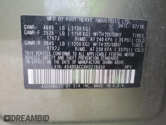 2017 Subaru Outback Premium with VIN 4S4BSACC6H3218450, listed as a Copart auction lot 59425595 with 81,666 mi miles and Salvage title. Bid and sale history available at DreamBid. Image 12.