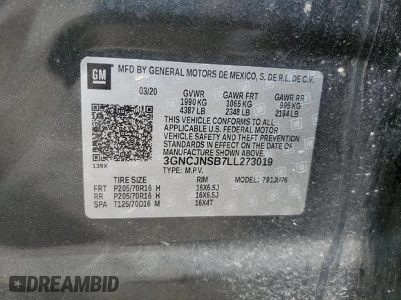 2020 Chevrolet Trax LS z VIN 3GNCJNSB7LL273019, wystawiony jako Copart lot #56684175 z przebiegiem 69 822 mil mil oraz Szkoda całkowita • Salvage title. Historia ofert i sprzedaży dostępna na DreamBid. Obrazek 13.