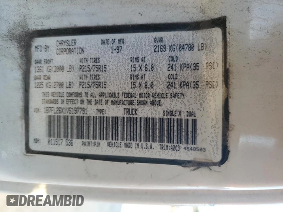 1997 Dodge Dakota with VIN 1B7FL26X1VS197791, listed as a Copart auction lot 88724045 with Not Provided miles and Salvage Title. Bid and sale history available at carsss.com. Image 15.
