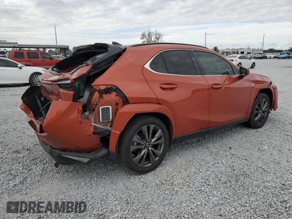 2023 Lexus UX 250h F Sport with VIN JTHR6JBHXP2143632, listed as a Copart auction lot 86048654 with 29,481 mi miles and Salvage title. Bid and sale history available at DreamBid. Image 3.