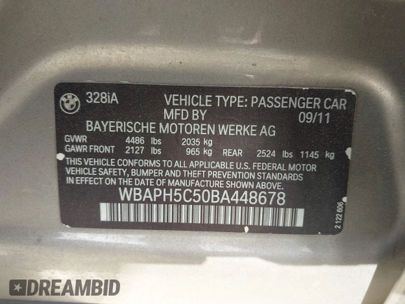 2011 BMW 3 Series 328i with VIN WBAPH5C50BA448678, listed as a IAAI auction lot 41779684 with 151,338 mi miles and . Bid and sale history available at carsss.com. Image 9.