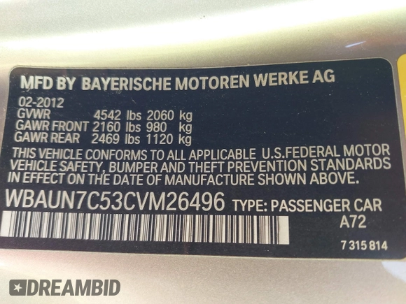 2012 BMW 1 Series 135i with VIN WBAUN7C53CVM26496, listed as a IAAI auction lot 41627261 with 104,568 mi miles and . Bid and sale history available at DreamBid. Image 9.