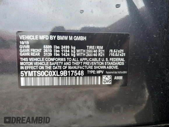 2020 BMW X3 M Competition z VIN 5YMTS0C0XL9B17548, wystawiony jako Copart lot #56528535 z przebiegiem 62 670 mil mil oraz Szkody całkowita. Historia ofert i sprzedaży dostępna na DreamBid. Obrazek 14.