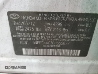 2013 Hyundai Sonata Limited with VIN 5NPEC4AC3DH655677, listed as a Copart auction lot 58614215 with 146,805 mi miles and Clean title. Bid and sale history available at DreamBid. Image 12.