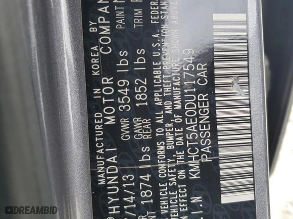 2013 Hyundai Accent GL with VIN KMHCT5AE0DU117549, listed as a Copart auction lot 54453905 with 276,266 mi miles and Clean Title. Bid and sale history available at carsss.com. Image 12.