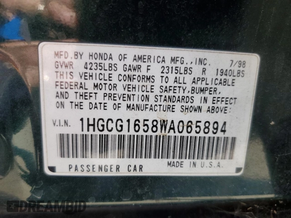1998 Honda Accord EX z VIN 1HGCG1658WA065894, wystawiony jako Copart lot #59584635 z przebiegiem 107 338 mil mil oraz Szkoda całkowita • Salvage title. Historia ofert i sprzedaży dostępna na DreamBid. Obrazek 12.