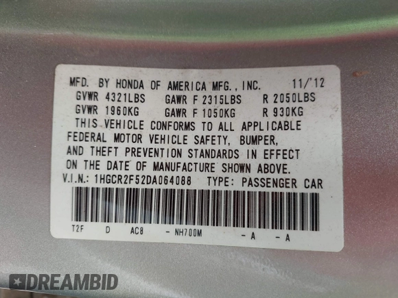 2013 Honda Accord Sport with VIN 1HGCR2F52DA064088, listed as a IAAI auction lot 40659913 with 109,325 mi miles and . Bid and sale history available at DreamBid. Image 9.