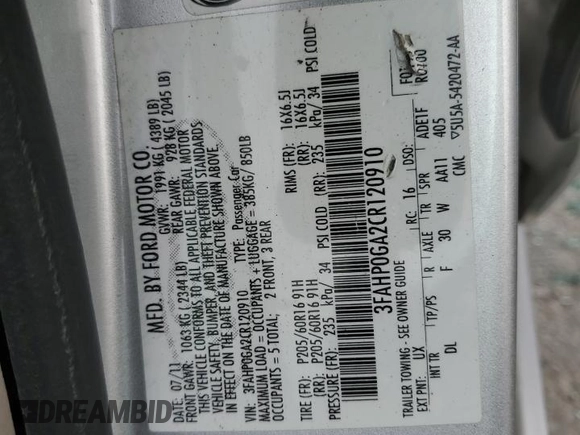 2012 Ford Fusion S with VIN 3FAHP0GA2CR120910, listed as a Copart auction lot 50206205 with 106,810 mi miles and Clean Title. Bid and sale history available at carsss.com. Image 13.