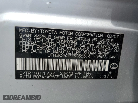 2007 Lexus IS 250 z VIN JTHBK262975038314, wystawiony jako Copart lot #58849345 z przebiegiem 136 664 mil mil oraz Szkoda całkowita • Salvage title. Historia ofert i sprzedaży dostępna na DreamBid. Obrazek 12.