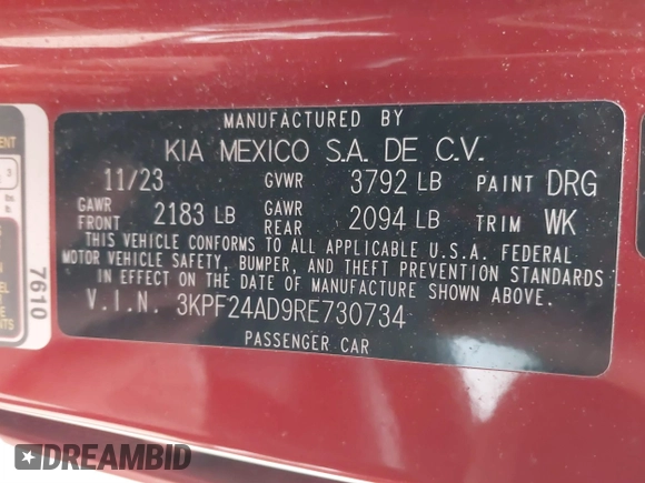 2024 Kia Forte LX with VIN 3KPF24AD9RE730734, listed as a IAAI auction lot 41699841 with 17,600 mi miles. Bid and sale history available at carsss.com. Image 9.