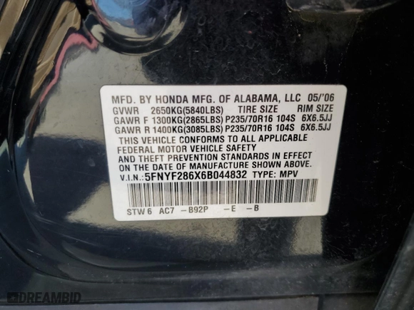 2006 Honda Pilot EX-L with RES with VIN 5FNYF286X6B044832, listed as a Copart auction lot 81104344 with 255,006 mi miles and Salvage Title. Bid and sale history available at carsss.com. Image 15.