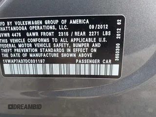 2013 Volkswagen Passat S with VIN 1VWAP7A37DC031197, listed as a IAAI auction lot 42572577 with 197,324 mi miles and . Bid and sale history available at DreamBid. Image 9.