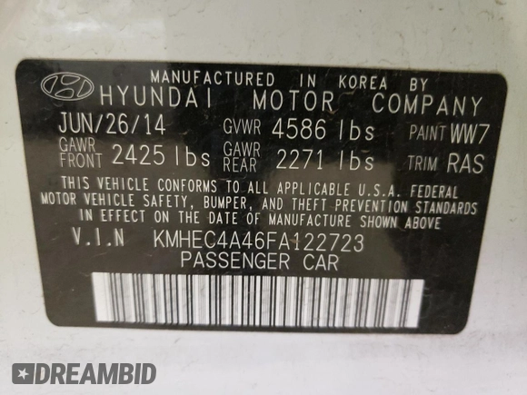 2015 Hyundai Sonata Limited with VIN KMHEC4A46FA122723, listed as a Copart auction lot 56391313 with 101,742 mi miles and . Bid and sale history available at DreamBid. Image 12.