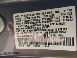 2011 Honda CR-V SE with VIN 5J6RE4H47BL021981, listed as a IAAI auction lot 42193110 with 192,863 mi miles and . Bid and sale history available at DreamBid. Image 9.