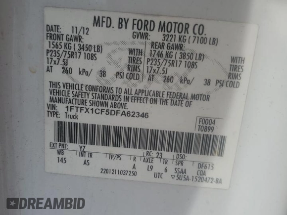 2013 Ford F-150 XL с VIN 1FTFX1CF5DFA62346, выставлен на аукционе Copart как лот 54912125 с пробегом 122 482 миль миль и Списание • Salvage title. История ставок и продаж доступна на DreamBid. Изображение 12.