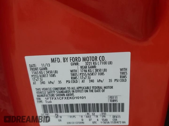 2014 Ford F-150 XL с VIN 1FTFX1CFXEKD10101, выставлен на аукционе Copart как лот 53986115 с пробегом 241 091 миль миль и Списание • Salvage title. История ставок и продаж доступна на DreamBid. Изображение 12.