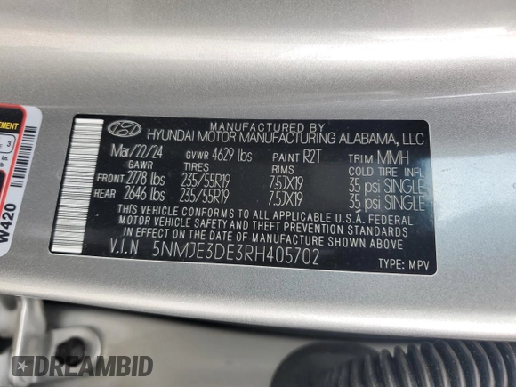 2024 Hyundai Tucson Limited z VIN 5NMJE3DE3RH405702, wystawiony jako Copart lot #56878885 z przebiegiem 5 315 mil mil oraz Szkoda całkowita • Salvage title. Historia ofert i sprzedaży dostępna na DreamBid. Obrazek 14.