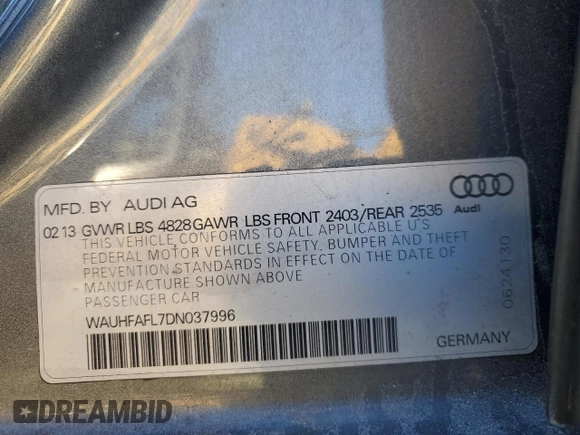 2013 Audi A4 Premium Plus with VIN WAUHFAFL7DN037996, listed as a Copart auction lot 85190024 with 136,867 mi miles and Clean Title. Bid and sale history available at carsss.com. Image 15.