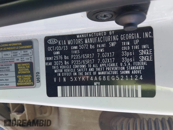 2014 Kia Sorento LX with VIN 5XYKT4A68EG521124, listed as a IAAI auction lot 41670919 with 181,722 mi miles. Bid and sale history available at carsss.com. Image 9.