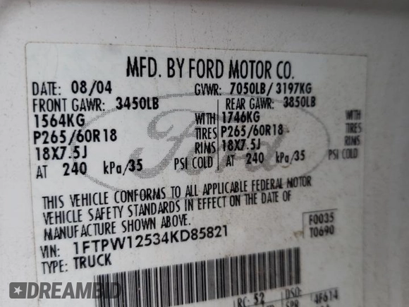 2004 Ford F-150 XLT with VIN 1FTPW12534KD85821, listed as a Copart auction lot 42437165 with 232,430 mi miles and Clean Title. Bid and sale history available at carsss.com. Image 12.