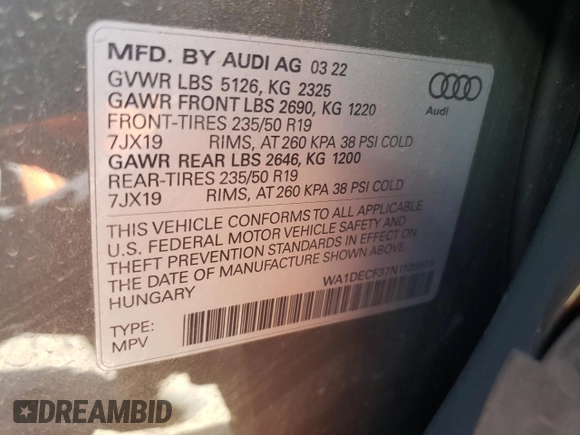 2022 Audi Q3 S line Premium with VIN WA1DECF37N1108973, listed as a Copart auction lot 40687123 with 5,573 mi miles. Bid and sale history available at carsss.com. Image 12.