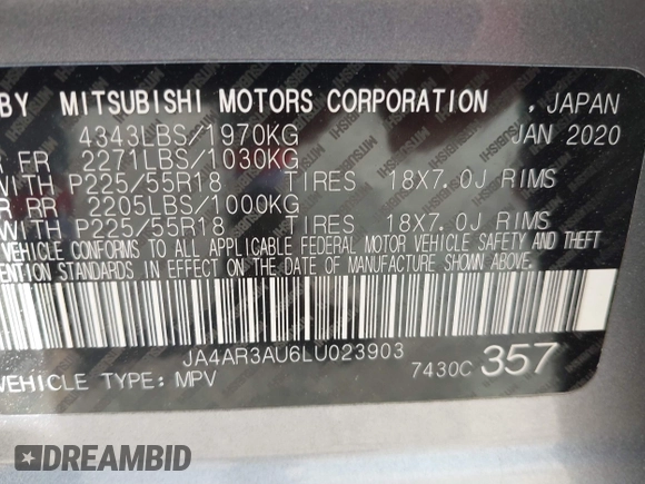2020 Mitsubishi Outlander ES with VIN JA4AR3AU6LU023903, listed as a IAAI auction lot 42119844 with 80,387 mi miles and . Bid and sale history available at DreamBid. Image 9.