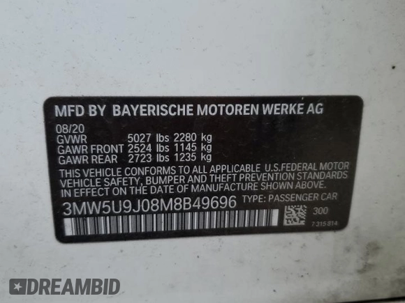 2021 BMW 3 Series M340i xDrive with VIN 3MW5U9J08M8B49696, listed as a Copart auction lot 81893474 with 0 mi miles and Salvage Title. Bid and sale history available at carsss.com. Image 12.